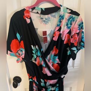 Avenue Plus Women’s Faux Wrap MIDI Dress with Short Sleeves and Waist Tie Floral